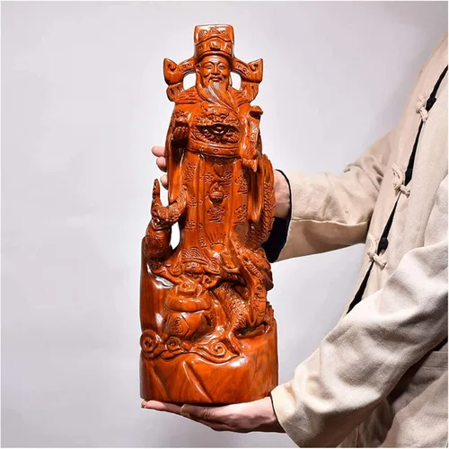 Vista 7 de Escultura de mesa luckxuan estatua decorativa Atraer riqueza Feng Shui, adorno de madera tallado Dios de la riqueza Estatua de Buda Decoración