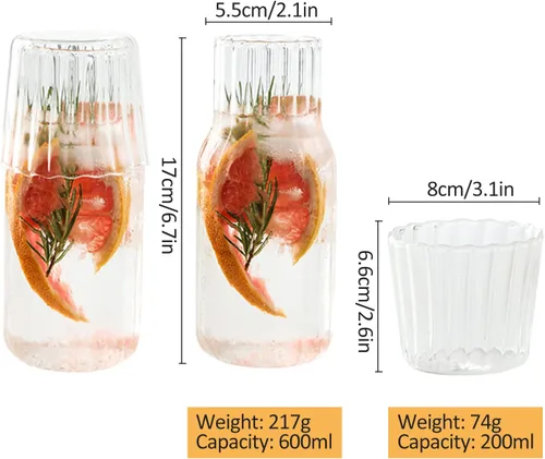 Vista 2 de Juego de 4 jarras de agua de noche y vidrio, jarra de agua de cristal de 20 onzas con vaso para mesita de noche, elegante decantador de enjuague