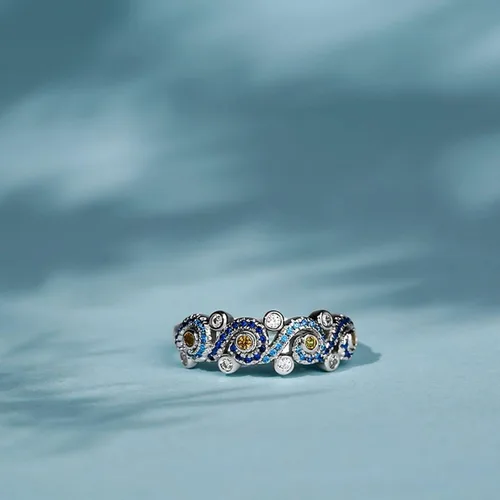 Vista 4 de Jeulia Anillo de compromiso de la noche estrellada de corte redondo circonita cúbica de plata de ley con diamantes de imitación, a la moda