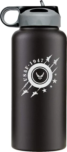 Vista 2 de Military Gift Shop Botella de agua aislada de acero inoxidable de la Fuerza Aérea de 32 onzas con logotipo grabado de la USAF – Regalos de la Fuerza