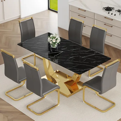 Vista 25 de Juego de Mesa de Comedor Negra para 6, Mesa de Comedor de Mármol Falso de 71" para 6, Juego de Mesa de Cocina Rectangular con Sillas de Cuero PU
