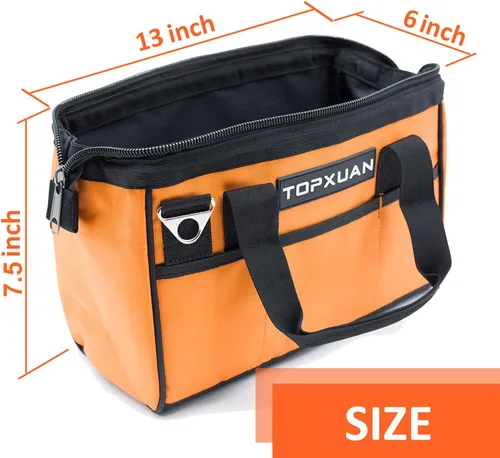 Vista 2 de Bolsa de herramientas de 13 pulgadas, impermeable, naranja, organizador de herramientas con boca ancha y correa de hombro para herramientas