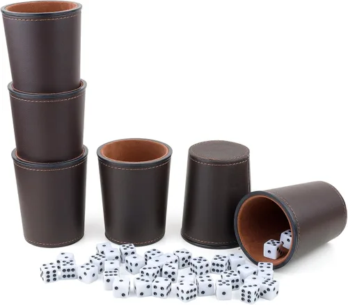 Vista 11 de Juego de tazas de dados con forro de fieltro de cuero PU de Reriver, 6 tazas silenciosas mezcladoras de dados con 36 dados para juegos de Bar Party
