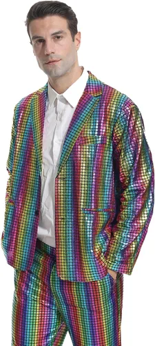 Vista 6 de Conjunto de disfraz de discoteca para hombre, traje de lentejuelas brillantes y pantalones, chaqueta metálica, trajes de Halloween