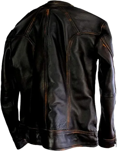 Vista 2 de Chaqueta de cuero genuino Cafe Racer para hombre, chaqueta de cuero retro envejecida, chaqueta de cuero vintage para motocicleta