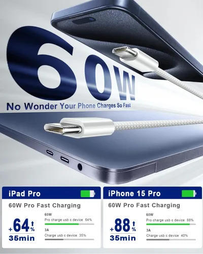 Vista 2 de VOTY Cable USB C 3A de carga rápida de 3 pies, cable de carga USB C a USB C trenzado para Samsung Galaxy A10e A20 A50 A51 A71, S20 S10 S9 S8 Plus