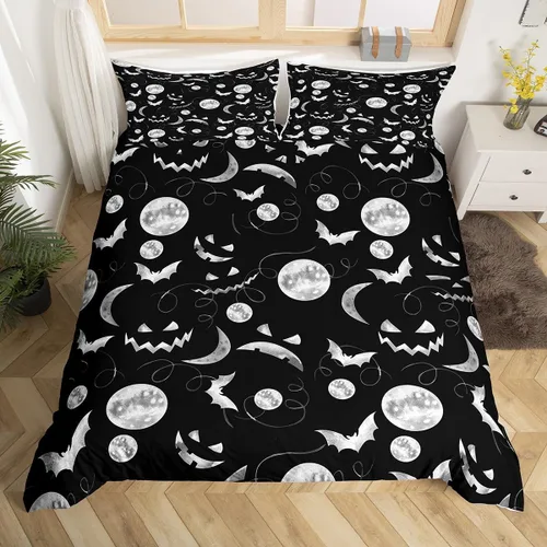 Vista 28 de Juego de ropa de cama de Halloween, funda de edredón gótica de murciélagos negros con telarañas, funda de edredón individual, diseño de arañas