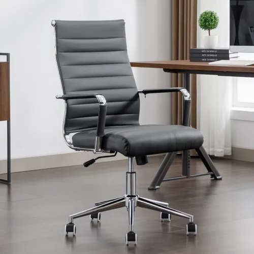 Vista 7 de Silla de escritorio de oficina de cuero, sillas de sala de conferencias con ruedas, silla ejecutiva moderna de respaldo alto, ergonómica, giratoria