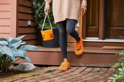 Vista 2 de Dearfoams Unisex Adult Spooky Fuzzy Halloween Pumpkin Jack O Lantern Slipper