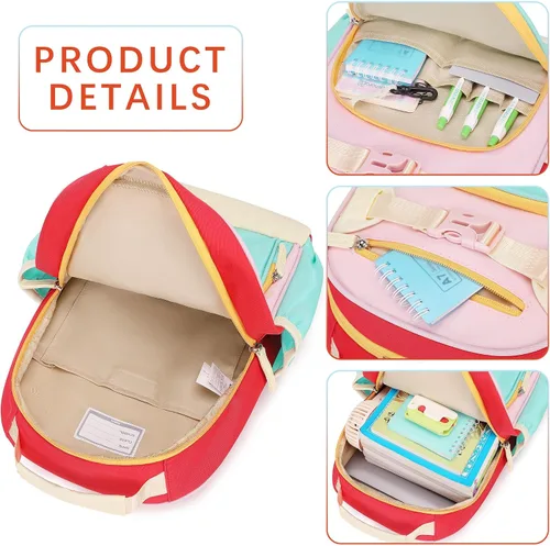Vista 5 de Lindas mini mochilas para niñas de 2 a 4 años, mochila preescolar (aguamarina, rosa y rojo)