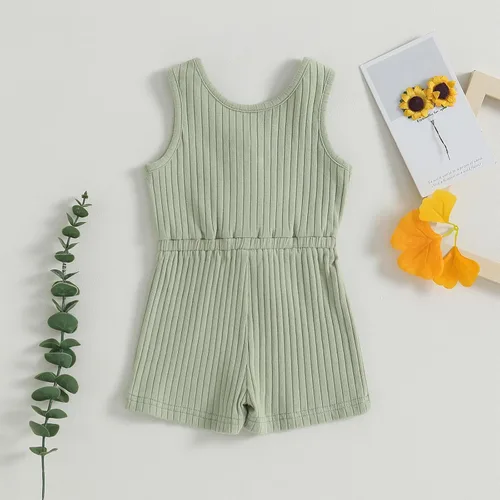 Vista 87 de Traje de verano para niña pequeña, de manga corta, acanalado, overol liso, pantalones cortos, ropa para recién nacidos