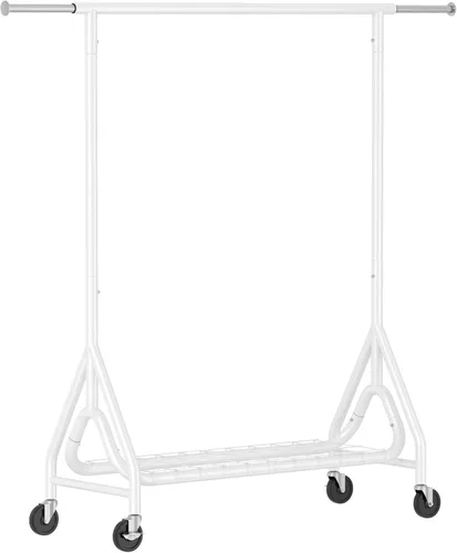Vista 15 de Perchero resistente para colgar ropa, estante para ropa con dobles varillas y ruedas bloqueables, perchereros enrollables de metal resistentes