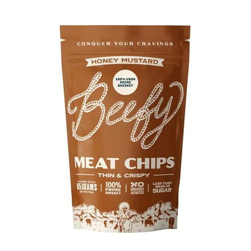 Vista 10 de BEEFY Meat Chips - Mostaza Miel - 2.5oz. 100% Prime Brisket. 13g de proteína por onza.