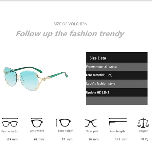Vista 9 de VOLCHIEN Gafas de sol sin montura para mujer montura brillante lentes redondas montura de metal gafas de sol para mujeres y hombres VC1012