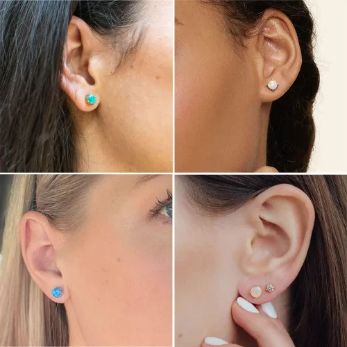 Vista 2 de Michooyel Aretes de plata de ley con ópalo para mujer, chapados en oro de 18 quilates, 0.197 in, ópalo solitario, 4 puntas, aretes simples para mujer