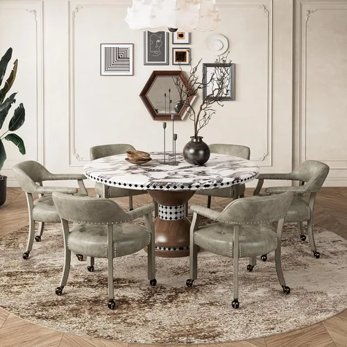 Vista 3 de Silla de comedor con ruedas y brazos, sillas de póker de PU, gris antiguo