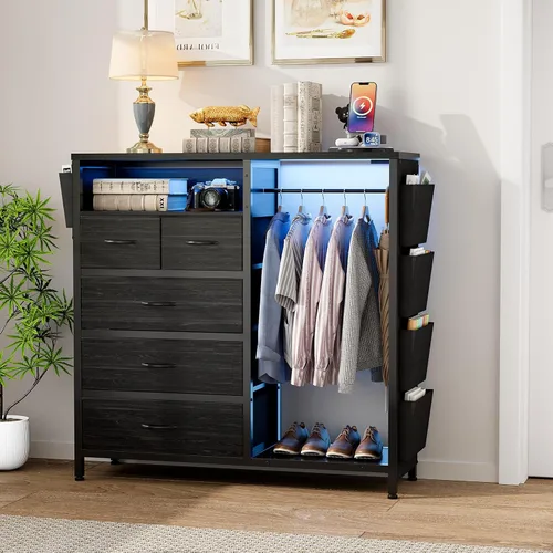 Vista 8 de Espelism Cómoda para dormitorio con perchero, bolsillos laterales, cómoda de 5 cajones con estación de carga, luces LED, cómoda de almacenamiento