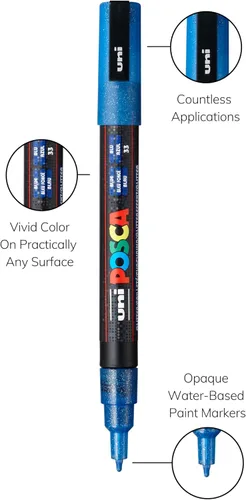 Vista 3 de Posca Juego de marcadores de purpurina, 8 marcadores de pintura fina 3M - tonos de purpurina - amarillo, verde, violeta, azul, azul claro, naranja