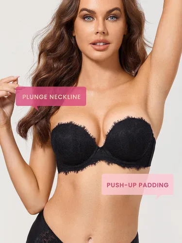 Vista 4 de DOBREVA Women's Strapless Push Up Bra Lace Plunge Padded Underwire Bras Add 1 Cup