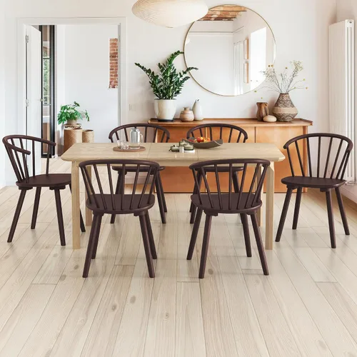 Vista 12 de LUE BONA Juego de 2 sillas de comedor negras, sillas de comedor de madera estilo granja con respaldo semicircular, silla de comedor con husos