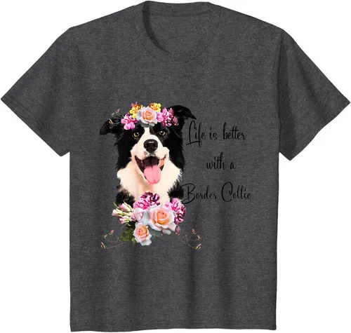 Vista 40 de Life is Better With a Border Collie - Camiseta de perro lindo con flores, gris, S Gris Oscuro