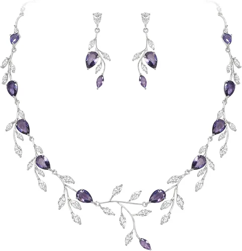 Vista 9 de Cubic Zirconia Drop Leaf Vine Wedding Prom Jewelry Set for Bride Bridesmaid