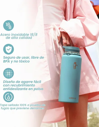 Vista 5 de Botella de agua Coolflask de 40 onzas con correa, botella de agua metálica aislada con popote y tapas con pico, acero inoxidable de doble pared al