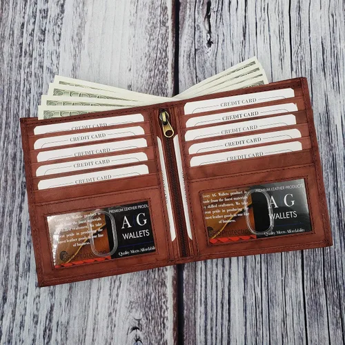 Vista 9 de ag wallets Billetera bifold europea de piel auténtica RFID para hombre, 2 ventanas de identificación, Borgoña