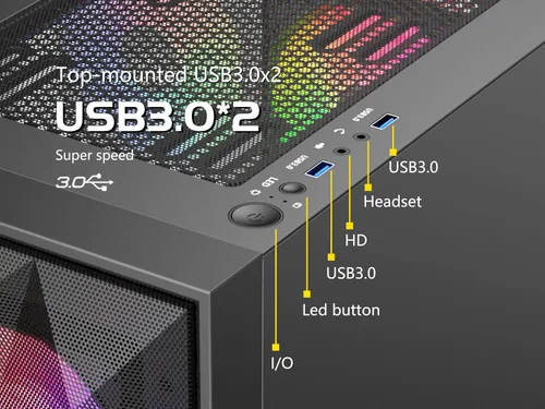 Vista 3 de SAMA 3509 ATX Mid Tower PC Case - Malla frontal de acero, panel lateral de vidrio templado con bisagras, 4 ventiladores ARGB preinstalados, USB 3.0