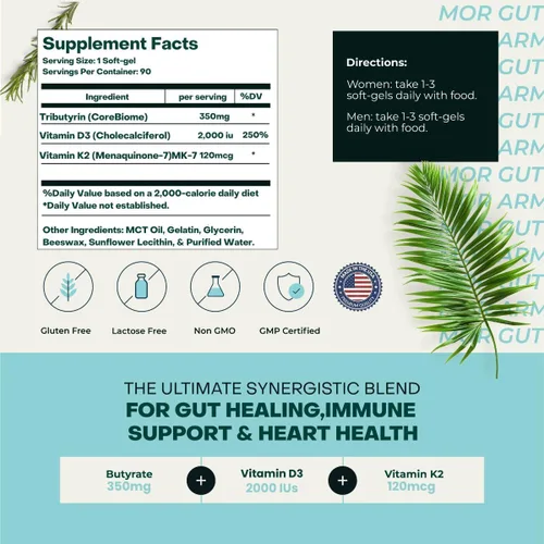 Vista 5 de Salud intestinal y cardíaca + apoyo inmunológico 1 mes de suministro 30 cápsulas de gel suave butirato puro de 350 mg y vitamina D3 2000 IU