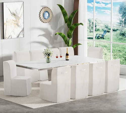 Vista 2 de Juego de mesa de comedor de mármol sintético blanco para 10, juego de mesa de comedor extensible de 11 piezas de 63 a 94 pulgadas con 10 sillas