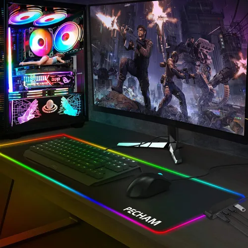 Vista 7 de PECHAM Alfombrilla de mouse RGB para juegos con 4 puertos USB y 14 luces LED alfombrilla de mouse grande extra extendida de 0157in base de goma