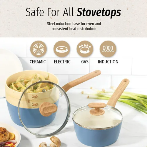 Vista 5 de GoodCook Juego de utensilios de cocina de cerámica saludable con infusión de titanio, 10 piezas, color azul claro, ollas, sartenes, vaporera