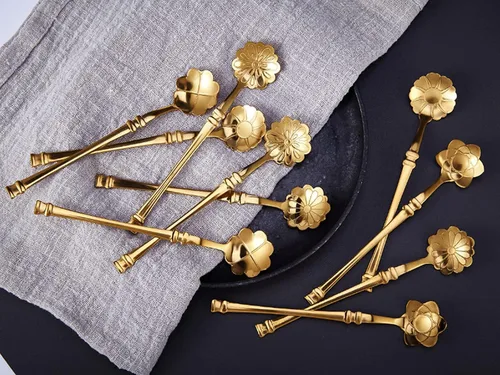 Vista 4 de Juego de cucharas de postre, 10 piezas de vajilla creativa de acero inoxidable, cuchara de café, mini cucharaditas de oro, juego de cucharas