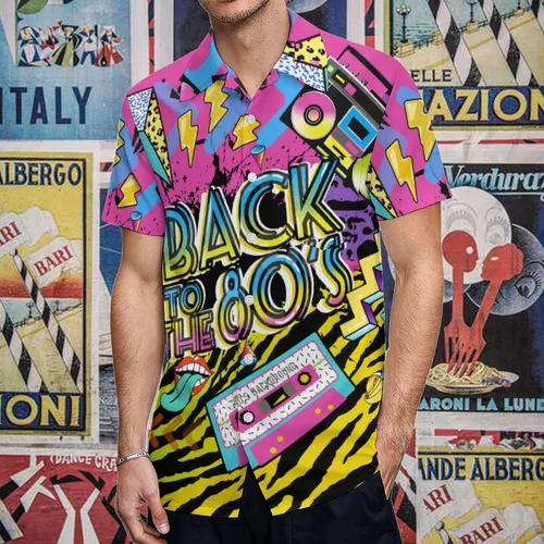 Vista 2 de LARSD Camisas de los años 80 para hombre, camisa con botones de los años 90, camisa vintage retro hawaiana de playa, camisa de discoteca de neón