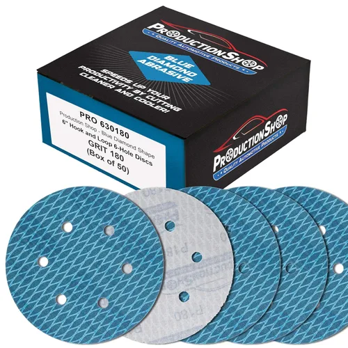Vista 10 de ProductionShop Premium - Discos de lijado azules con forma de rombo de grano 80 de 6 pulgadas, 6 agujeros, caja de 50 – Papel de lija sin polvo