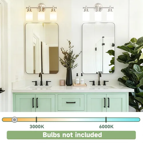 Vista 7 de Accesorio de lámpara de tocador de baño de 3 luces, lámpara compacta de níquel cepillado con pantallas de vidrio esmerilado blanco para espejo