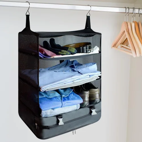 Vista 2 de WITSTEP - Cubos de embalaje colgantes para viajes, bolsa de 3 estantes plegables para colgar en la maleta, armario con gancho de acero, organizador