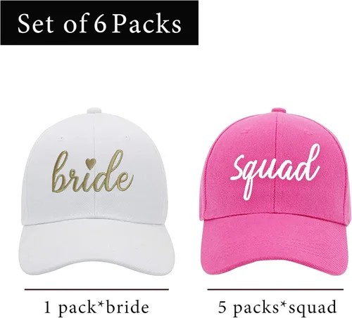Vista 2 de PartyGifts&beyond Sombrero de béisbol de dama de honor, paquete de 6 sombreros de despedida de soltera, sombrero de escuadrón de novia para regalo