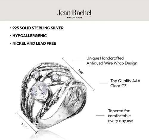 Vista 5 de JEAN RACHEL JEWELRY Anillo de plata de ley 925, diseño vintage calado con circonita cúbica, hipoalergénico, sin plomo ni níquel, anillos hechos a