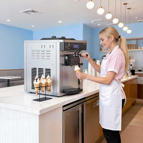 Vista 8 de VEVOR Máquina de helados comercial, rendimiento de 20-28 L/H, 2200 W 3 sabores para encimera de helado suave con 2 tolvas de 6 L y agitación