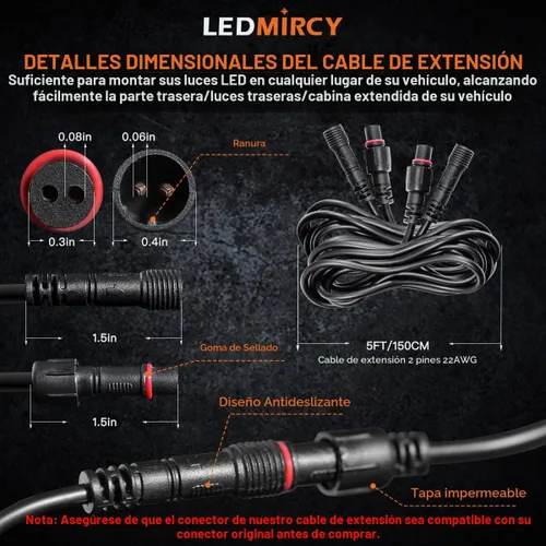 Vista 2 de LEDMIRCY Cable de Extensión para Luces LED de Roca Cable de Alambre de 2 Pines Impermeable 2PCS 5ft 22AWG con Conectores Macho a Hembra Tuerca