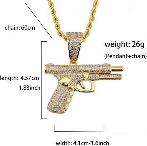Vista 2 de Collar con colgante de pistola punk para hombre, chapado en oro, disco de hip hop, diamantes de imitación, collares de pistola para hombres