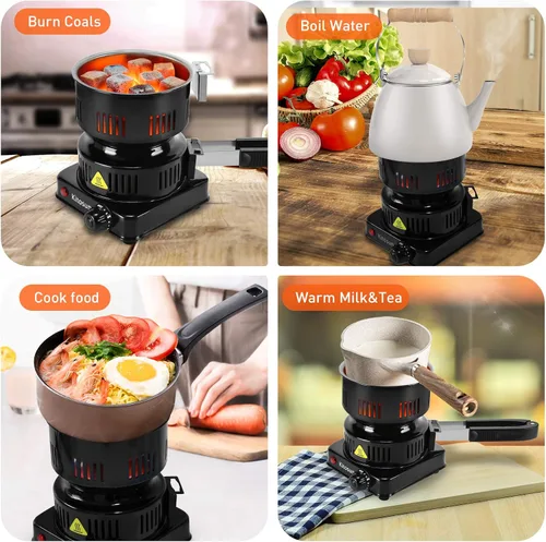 Vista 6 de Quemador eléctrico de carbón de coco de 600 W ETL para barbacoa camping cocina Fast Heating Coal Burner Hot Plate, Detachable Handle, Stainless