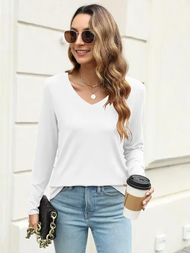 Vista 5 de Micticsi Camisetas de manga larga con cuello en V para mujer, estilo casual, color sólido, camisetas básicas para otoño 2023