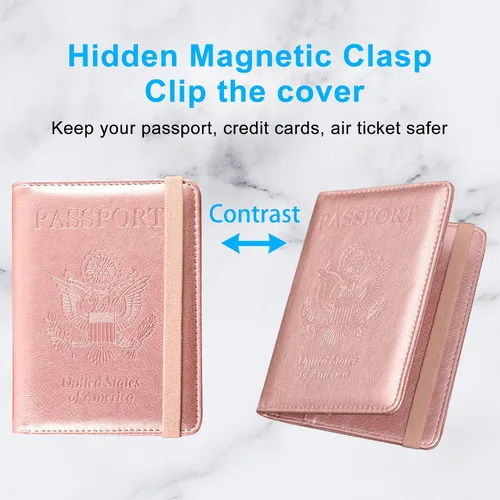 Vista 3 de ACdream - Funda para pasaporte, billetera o cartera de viaje de piel con bloqueo RFID para pasaporte con cierre de banda elástica, Ab-oro rosa)