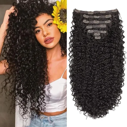 Vista 9 de Extensiones de cabello sintético con clip, extensiones de cabello sintético negro y rubio miel, extensiones de cabello rizado Jerry para mujeres