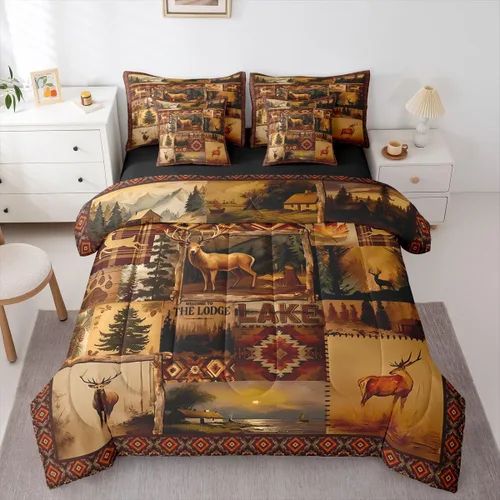 Vista 137 de Feelyou Juego de edredón de ciervo con sábanas – Tamaño Queen 7 piezas Juego de ropa de cama infantil de caza rústica – Cama de ciervo de cabaña
