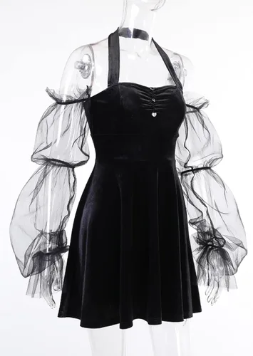 Vista 4 de TSMNZMU Womens Gothic Fairy Dresses Velvet Off Shoulder Emo Halter Vintage Dress Harajuku Lace Long Sleeve Lolita Dress