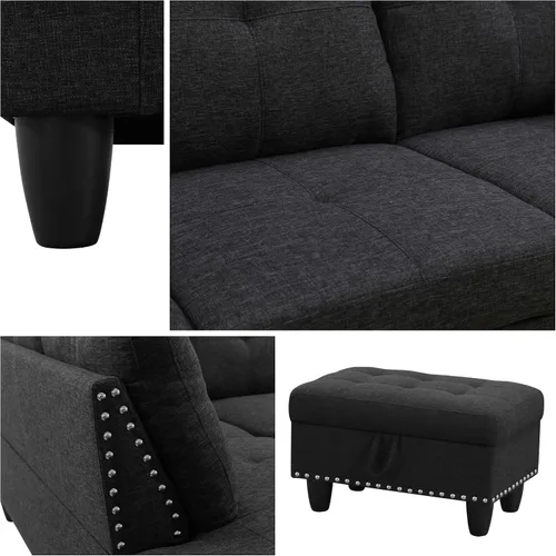 Vista 5 de Sofá seccional en forma de L con chaise móvil y otomana de almacenamiento, cómodo sofá modular convertible de 3 piezas para sala de estar